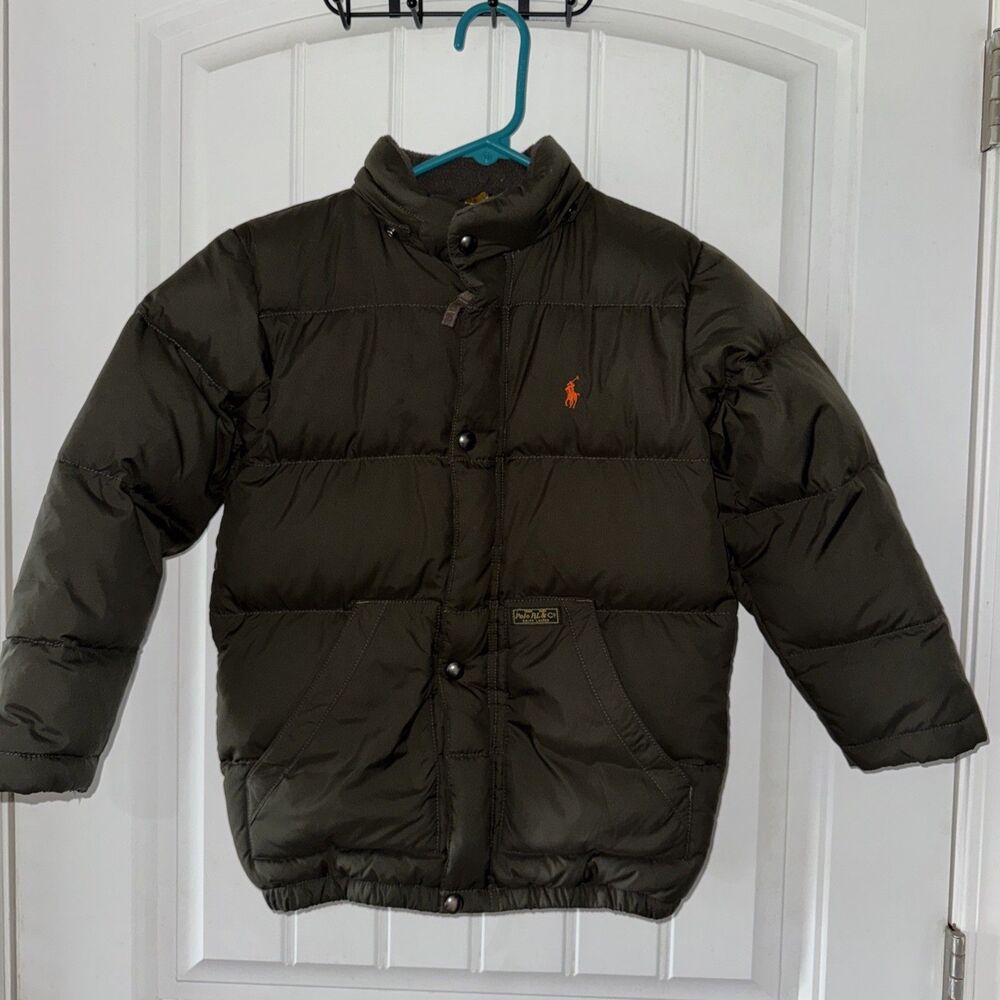 Polo Ralph Lauren Goose Down Puffer Jacket Kids Size 7 Olive Green Winter Coat